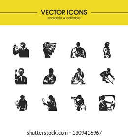 People icons set with judge, assistant and cameraman elements. Set of people icons and profession concept. Editable vector elements for logo app UI design.