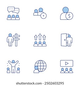 People icons set. Line Duotone style, editable stroke. performance, world, dismiss, career path, people, discussion, audience, employee, famous.