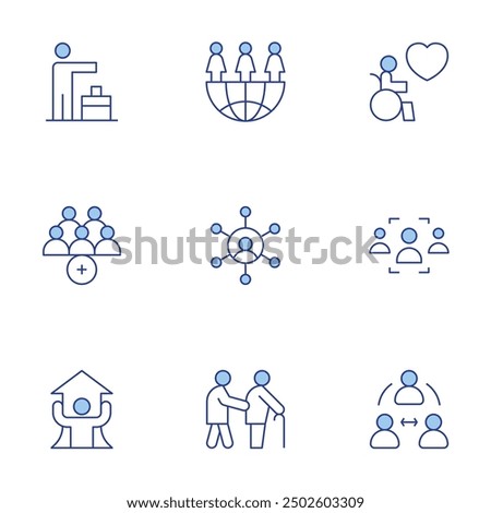 People icons set. Line Duotone style, editable stroke. global, old man, disabled people, people, growth, third party, user, skills, add group.