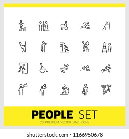 People icons. Set of line icons. Swimming, metro station, exit. Public pictograms concept. Vector illustration can be used for topics like attention signs, public services