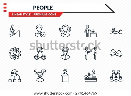 people icons set - man climbing stairs, good employee, preferences, speaker in a conference, relation outline vector collection.