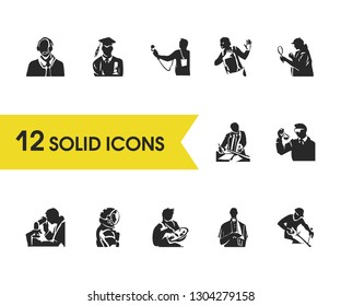 People icons set with priest, manager and mime elements. Set of people icons and craftsman concept. Editable vector elements for logo app UI design.