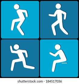 People icons set, running, jumping, walking, sitting  hand-drawn vector collection, white on blue