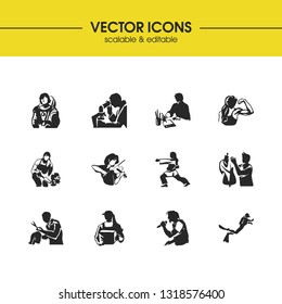 People icons set with scientist, fitness and hairstylist elements. Set of people icons and tailor concept. Editable vector elements for logo app UI design.