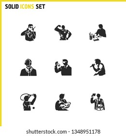 People icons set with security, postman and designer elements. Set of people icons and sport concept. Editable vector elements for logo app UI design.