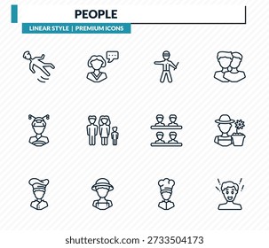 people icons set - slide down, monologue, policeman standing up, garderner, surprised man outline vector collection.