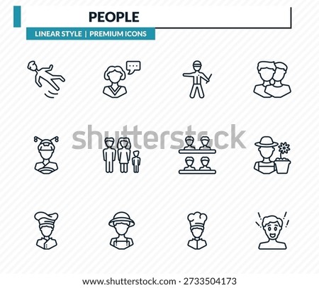 people icons set - slide down, monologue, policeman standing up, garderner, surprised man outline vector collection.