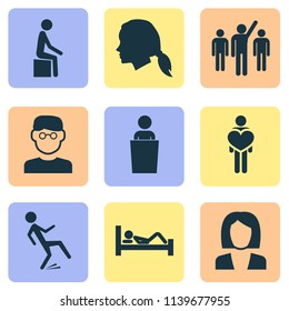 People icons set with speaker, human, falling human and other scientist elements. Isolated vector illustration people icons.