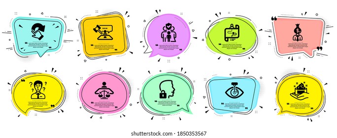 People icons set. Speech bubble offer banners. Vector coupon badge. Included icon as Skin care, Court judge, Manager signs. Family insurance, Journey path, Eye laser symbols. Vector