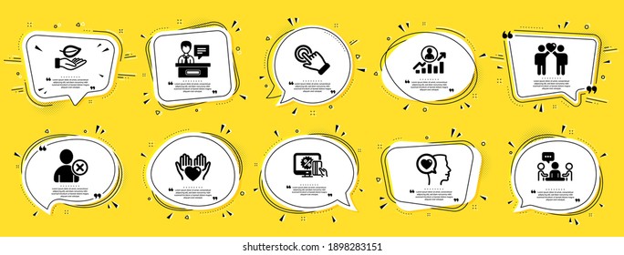Los iconos de la gente se configuran. La burbuja de la voz ofrece carteles. Insignia de cupón amarillo. Icono incluido como Borrar usuario, Expositores, Sostener cardíacas. Hoja, gente charlando, símbolos románticos. Vector