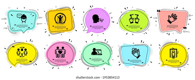 People icons set. Speech bubble offer banners. Vector coupon badge. Included icon as Clapping hands, Friends couple, Buying process signs. Vector