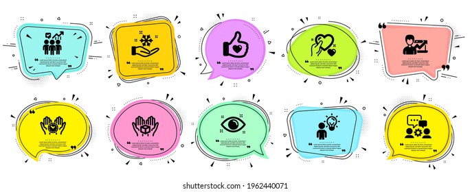 People icons set. Speech bubble offer banners. Vector coupon badge. Included icon as Business statistics, Health eye, Group people signs. Freezing, Hold box, Engineering team symbols. Vector