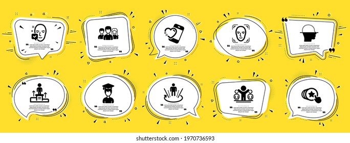 People icons set. Speech bubble offer banners. Yellow coupon badge. Included icon as Winner, Face accepted, Business podium signs. Face scanning, Heart, Student symbols. Vector