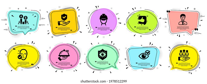 People icons set. Speech bubble offer banners. Vector coupon badge. Included icon as Check eye, Health skin, Insurance hand signs. Like, Ab testing, Businessman person symbols. Vector