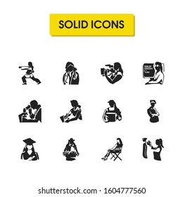 People icons set with tailor, scientist and camerawoman elements. Set of people icons and delivery woman concept. Editable vector elements for logo app UI design.