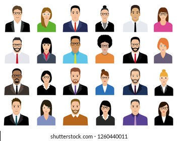 People Icons Set. Team Concept. Diverse business men and women avatar icons. Vector illustration of flat design people characters.