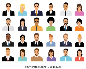 People Icons Set. Team Concept. Diverse business men and women avatar icons. Vector illustration of flat design people characters.