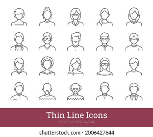 People icons set. Thin line vector pictograms related to business, office persons, teacher, students, simple portraits of men and women. User avatars collection for web, mobile apps. Editable strokes.