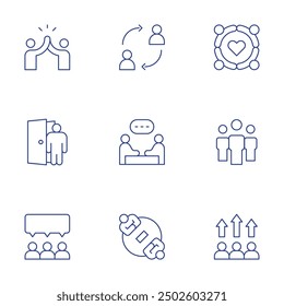 People icons set. Thin Line style, editable stroke. meeting, dismiss, change, performance, happy, teamwork, solidarity, high five.