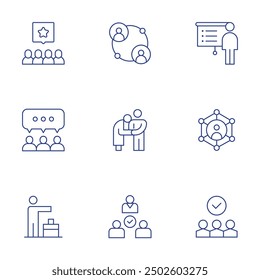 Conjunto de iconos de Personas. Estilo de línea delgada, trazo editable. Enlace, personas mayores, mediación, planificación, community manager, voto, grupo, tema, personas.