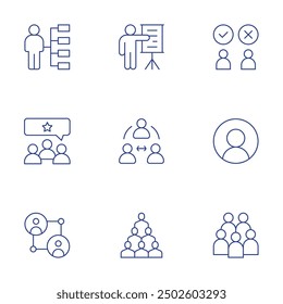 Conjunto de iconos de Personas. Estilo de línea delgada, trazo editable. confrontación, usuario, grupo, presentación, terceros, personas, calificación, conectar, habilidades.