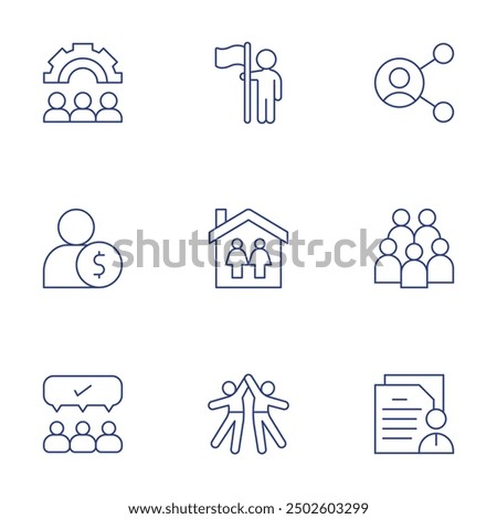 People icons set. Thin Line style, editable stroke. all agree, form, gear, group, rise, house, youth day, employee, share.