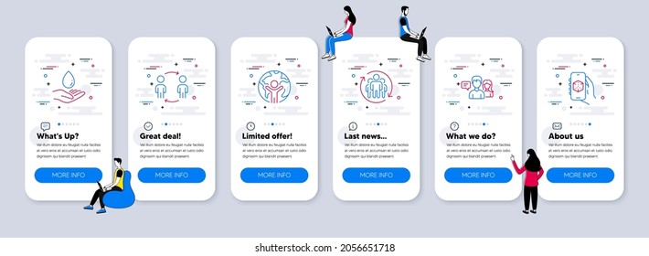 People icons set. UI phone app screens with teamwork. Included icon as Global business, People talking, Workflow signs. Teamwork, Water care, 3d app line icons. Vector