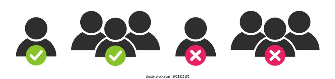 Los iconos de la gente se configuran. Grupo de usuarios con marca de verificación y signo cruzado. Símbolo de icono de comunicación de equipo. Ilustración vectorial aislada.