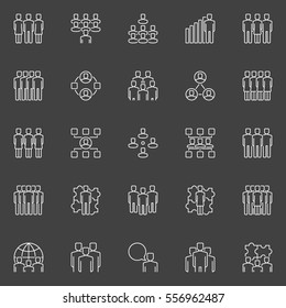 People icons set. Vector collection of businessman and businesswoman outline signs on dark background. Team line symbols