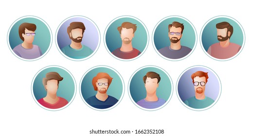  Iconos de la gente. Conjunto de cabezas macho planas vectoriales, retratos de personas. Colección de caracteres avatares. Usuarios de redes sociales vestidos de forma informal. Ilustración abstracta redonda aislada. Caras de hombres coloridos.