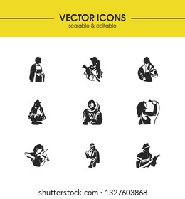 People icons set with violinist, fireman and priestess elements. Set of people icons and firefighter concept. Editable vector elements for logo app UI design.