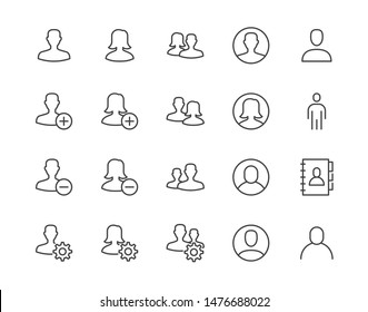 People icons, simple flat line set. Man, woman avatar, user profile, contact person, team vector illustrations. Outline signs for social network, web site. Pixel perfect. Editable Strokes.