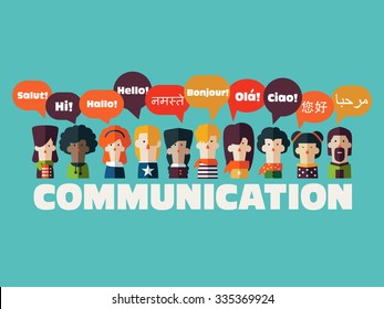 People icons with Speech Bubbles in different languages. Communication and People Connection Concept. Flat Design. Vector Illustration