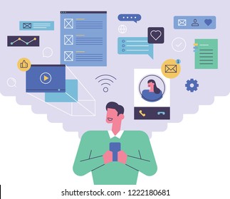 People and icons that make various social networking activities with smartphone. flat design style vector graphic illustration