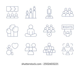 People icons. Thin Line style, editable stroke. jigsaw, protest, disabled people, learning, diversity, collaboration, meditation, civil rights, person, add group, team, chart.