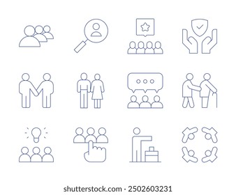 Menschen-Symbole. Stil der dünnen Linie, bearbeitbarer Strich. Kandidaten, Warteschlange, Freunde, Idee, Gruppe, Thema, Menschen, Jobsuche, Schutz, Gemeinschaft, Mann, alter Mann.