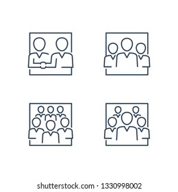 People icons in thin outline creative design - couple of partners, three, five and six people team placed into square - vector sign for avatar, infographic, icon