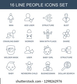 people icons. Trendy 16 people icons. Contain icons such as man, add user, structure, bust, crawling baby, worker, man with flags, share, welder mask. people icon for web and mobile.