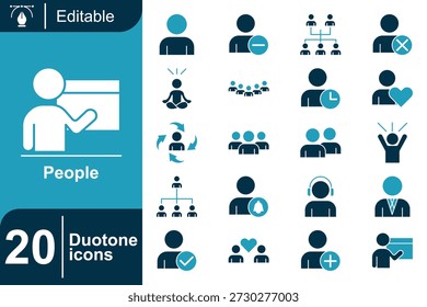 People icons using balanced two-tone contrast to highlight teamwork, collaboration, user actions, and social structure. Ideal for modern apps, presentations, onboarding screens, and digital products.