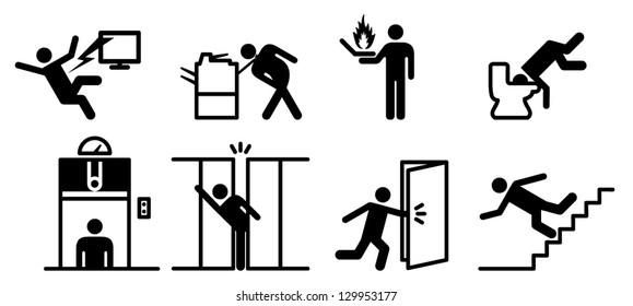 People icons: a variety of common accidents involving office equipment and fixtures. Electrocution, items caught in equipment, fire, stuck elevator, compactus crush, etc.