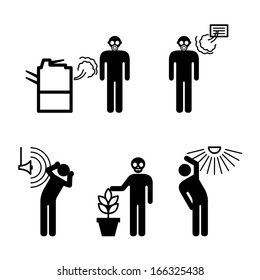 People icons: a variety of environmental hazards in the office/workplace. Equipment fumes, polluted air, poor air conditioning, loud noise, poisonous plants, and glare from excessive light.