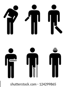 People icons: a variety of injuries.Broken arm, leg, torso, head. Bandaged and plaster casted.