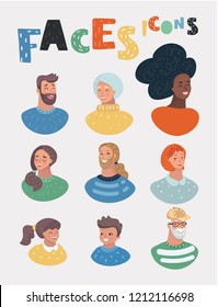 People icons vector set. Face of people illustration in cartoon style. Different Men and women and child characters. Isolated white background on white background.