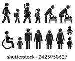 People icons vector set: man, woman, boy, girl, child. Collection of signs for toilet, bath, shower, rest room or changing room. Walking people for road signs. Mother with baby and handicapped icon.