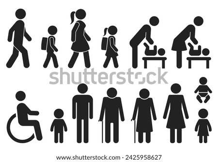 People icons vector set: man, woman, boy, girl, child. Collection of signs for toilet, bath, shower, rest room or changing room. Walking people for road signs. Mother with baby and handicapped icon.