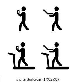 People icons: walk and work with smart phone and laptop, on a treadmill even.
