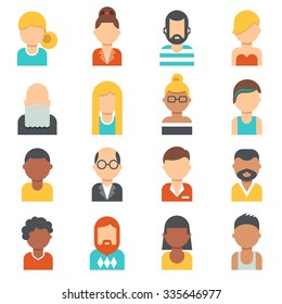 People icons. Young, seniors , males and females profile pictures. Different nationalities, hair styles and clothes. Flat design. 