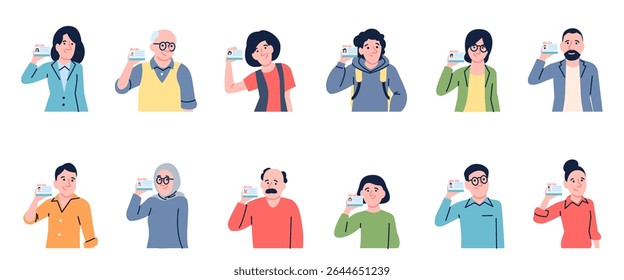 People with id card. Teens men women different ages show identity cards with photos. Personal data, person verify or passport control, recent vector set