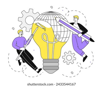 People with idea linear. Two men near big light bulb. Creativity and art. Insight and brainstorming. Start up or business project. Simple flat vector illustration isolated on white background