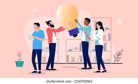 People with idea - Team of business characters working with big light bulb in office, thinking and contemplating. Brainstorming concept, flat design vector illustration